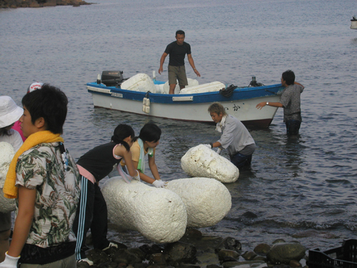 漂着ごみの回収。陸地伝いに行けない所へは船で行き、リレー方式で船に運ぶ(写真はいずれも大月町柏島)