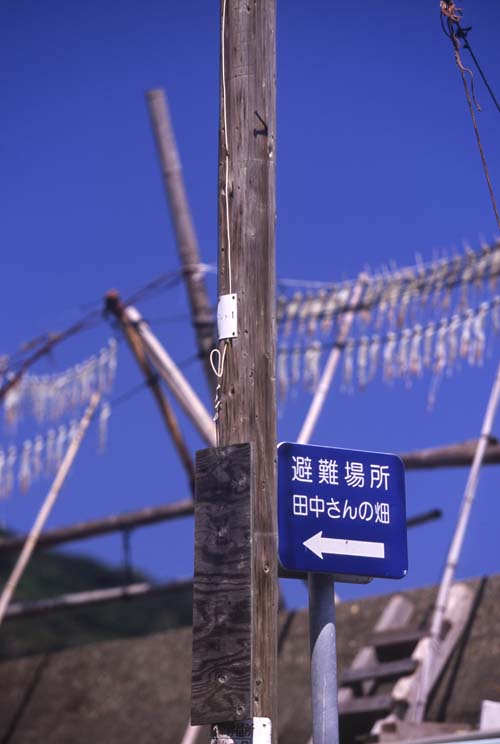 観光客には受けている柏島渡し場地区の避難場所「田中さんの畑」の表示(撮影・円満堂修治)
